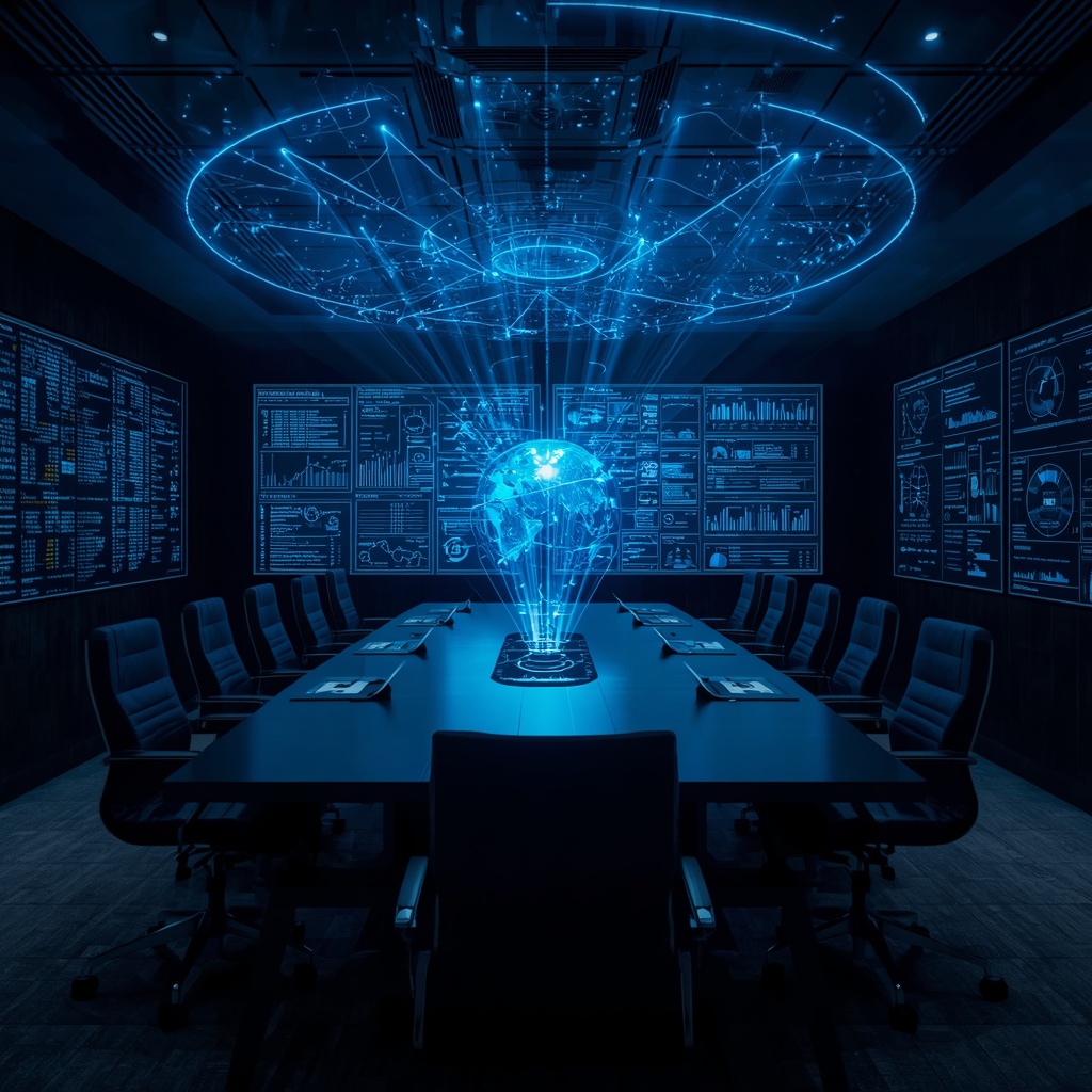 Modern conference room with holographic data projections and analytics displays, strategic AI planning session concept